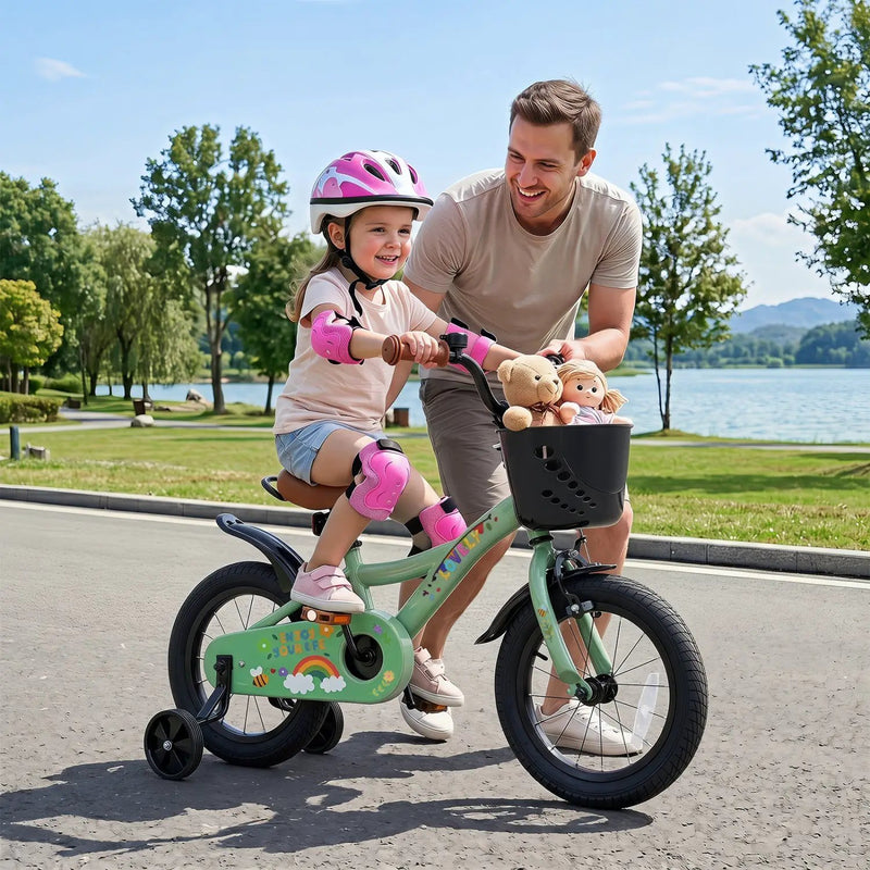 14 Inch Girls Bike with Training Wheels and Basket - Green by DirectDeals