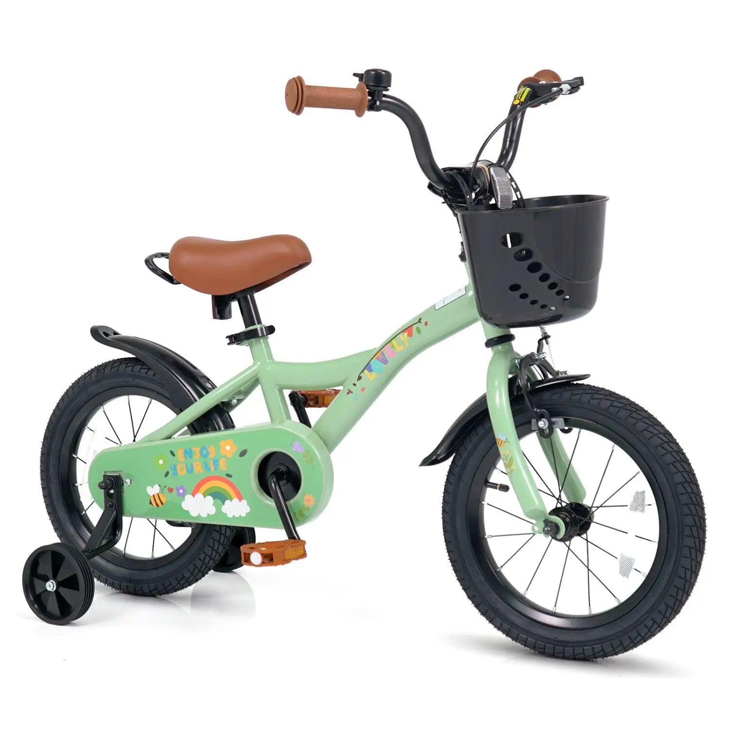 14 Inch Girls Bike with Training Wheels and Basket - Green by DirectDeals