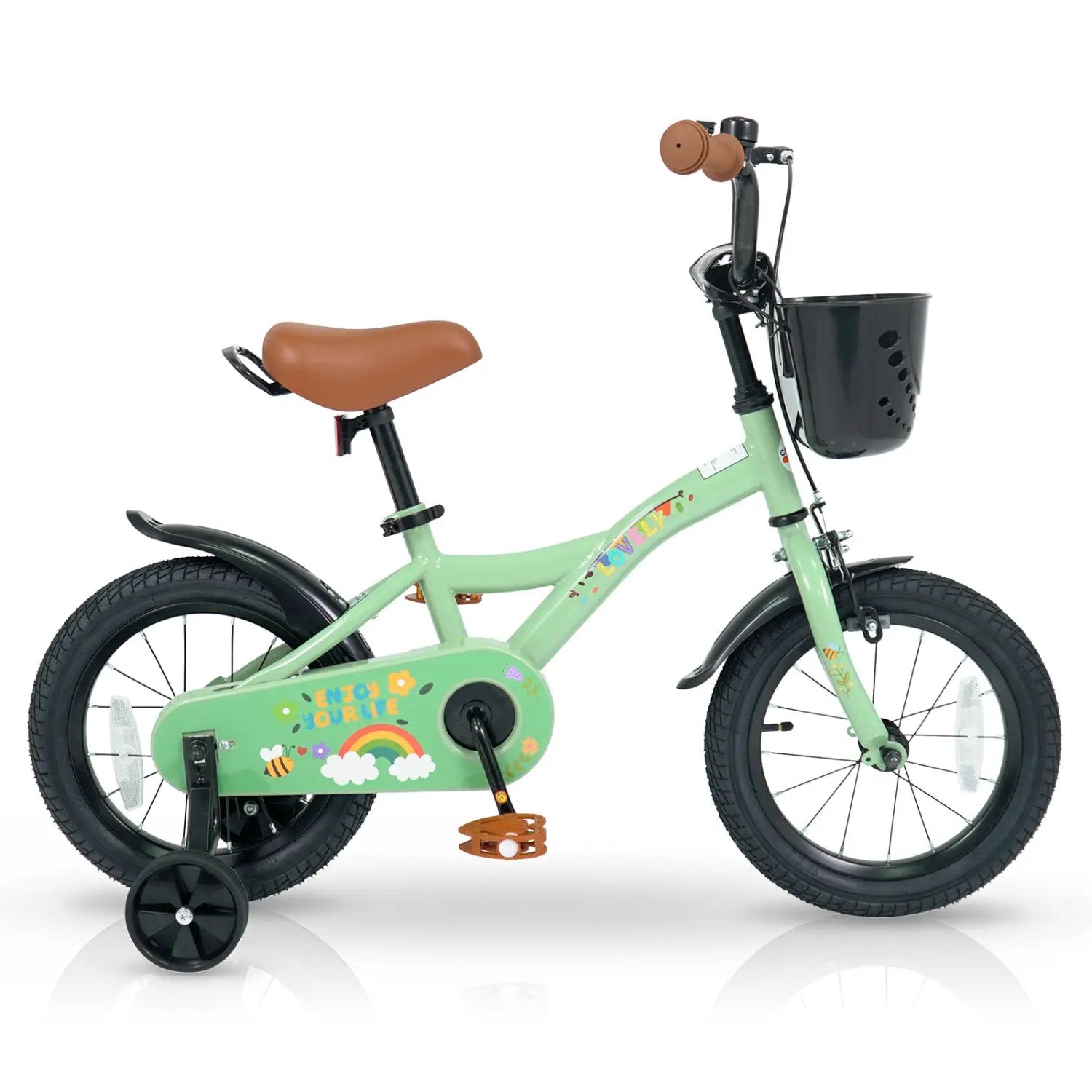 14 Inch Girls Bike with Training Wheels and Basket - Green by DirectDeals