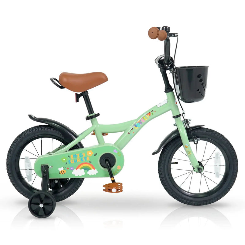 14 Inch Girls Bike with Training Wheels and Basket - Green by DirectDeals