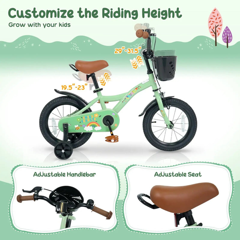 14 Inch Girls Bike with Training Wheels and Basket - Green by DirectDeals