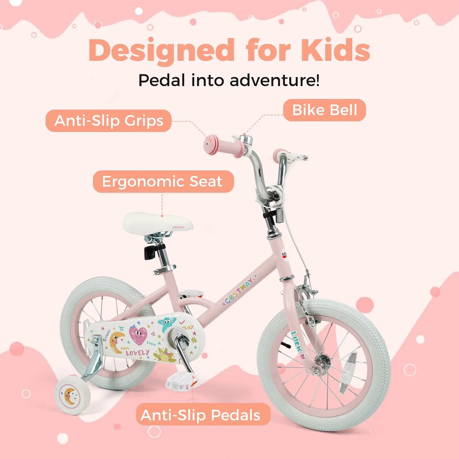 Kids Bike 12-18 Inch with Training Wheels - Pink Stars & Moon by DirectDeals