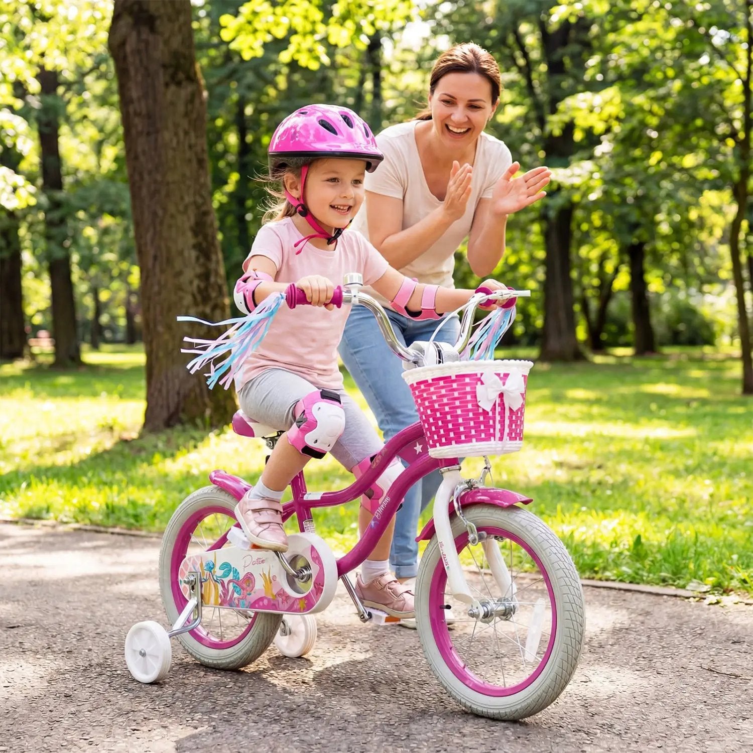 Kids Bike 18-Inch with Training Wheels and Basket Rose Red by DirectDeals
