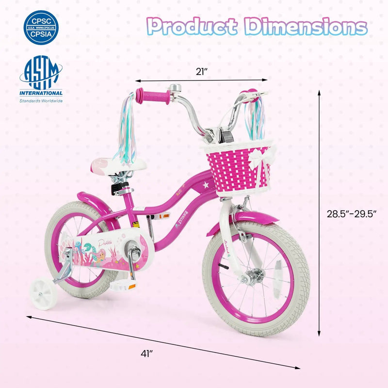 Kids Bike 18-Inch with Training Wheels and Basket Rose Red by DirectDeals