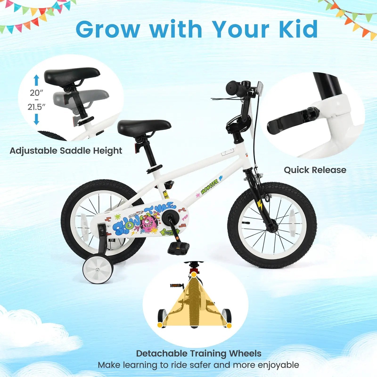 Kids Bike with Training Wheels 12-18 Inch White by DirectDeals