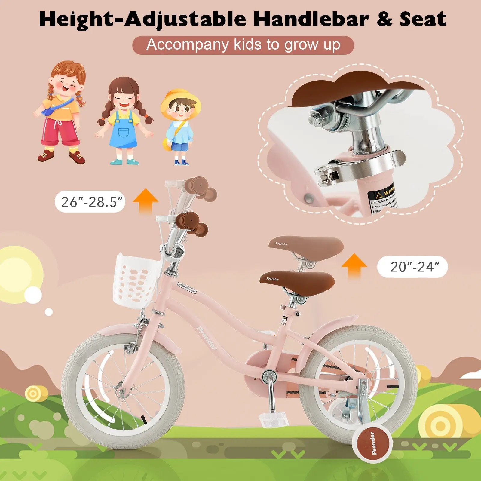 14 Inch Kid's Bike with Removable Training Wheels and Basket-Pink by DirectDeals
