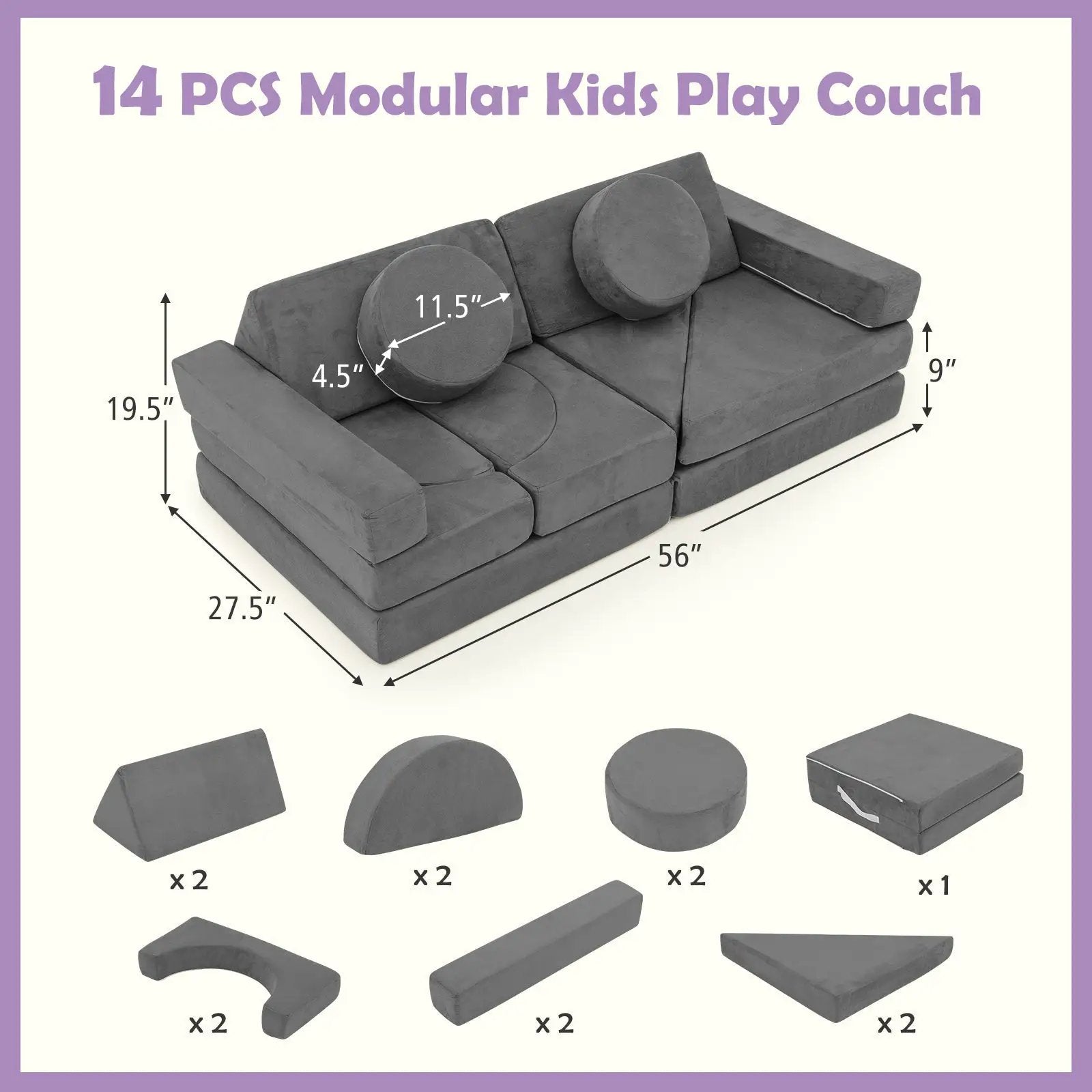 14 PCS Modular Kids Play Couch for Playroom and Bedroom by DirectDeals