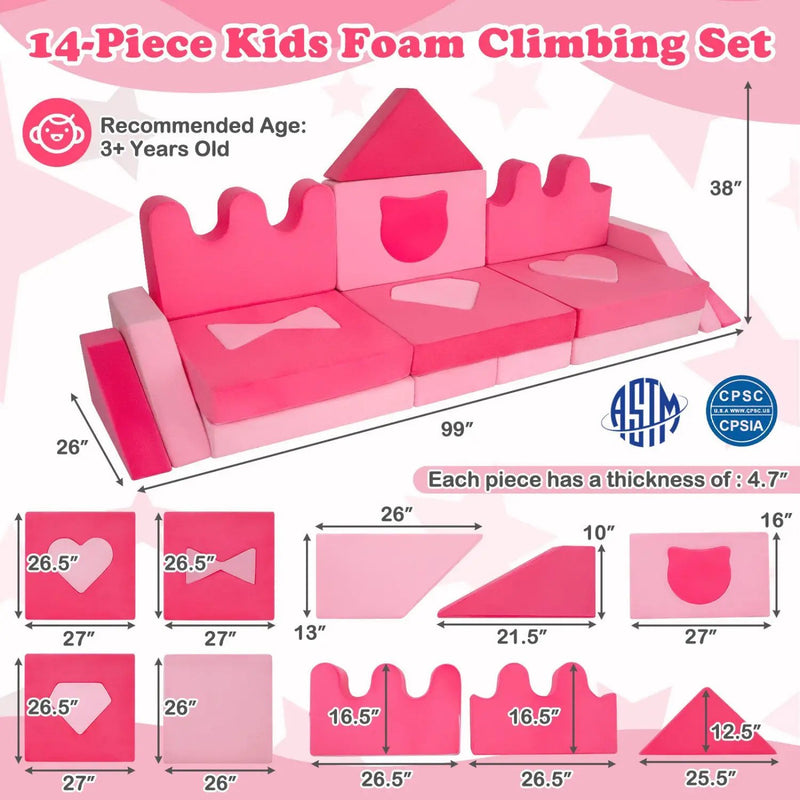 14 Piece Kids Play Couch Modular Foam Climbing Blocks for Kids 3+ Years Old-Pink by DirectDeals