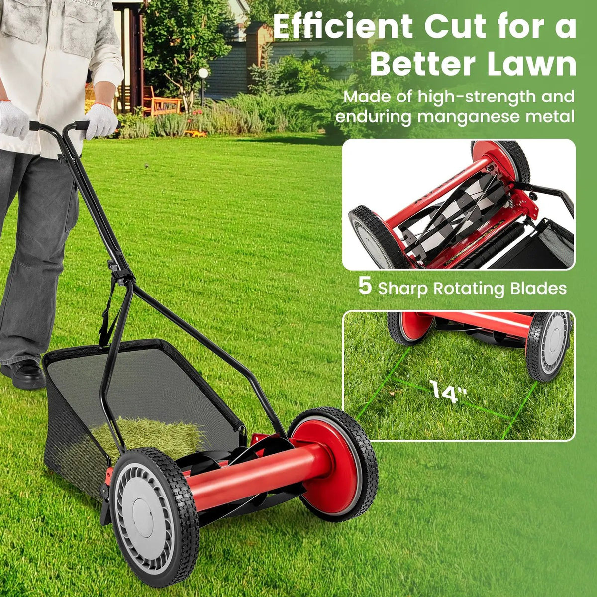 14 Inch Push Lawn Mower with 5 Steel Blades and Grass Catcher Bag, photo 14 of 24