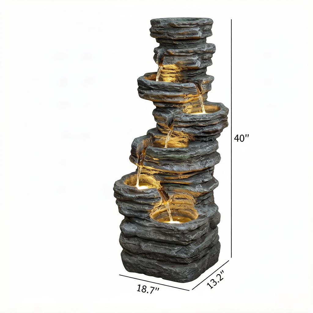 Resin 6 Tier Rock Cascade Outdoor Fountain 40 Inch LED, photo 5 of 7
