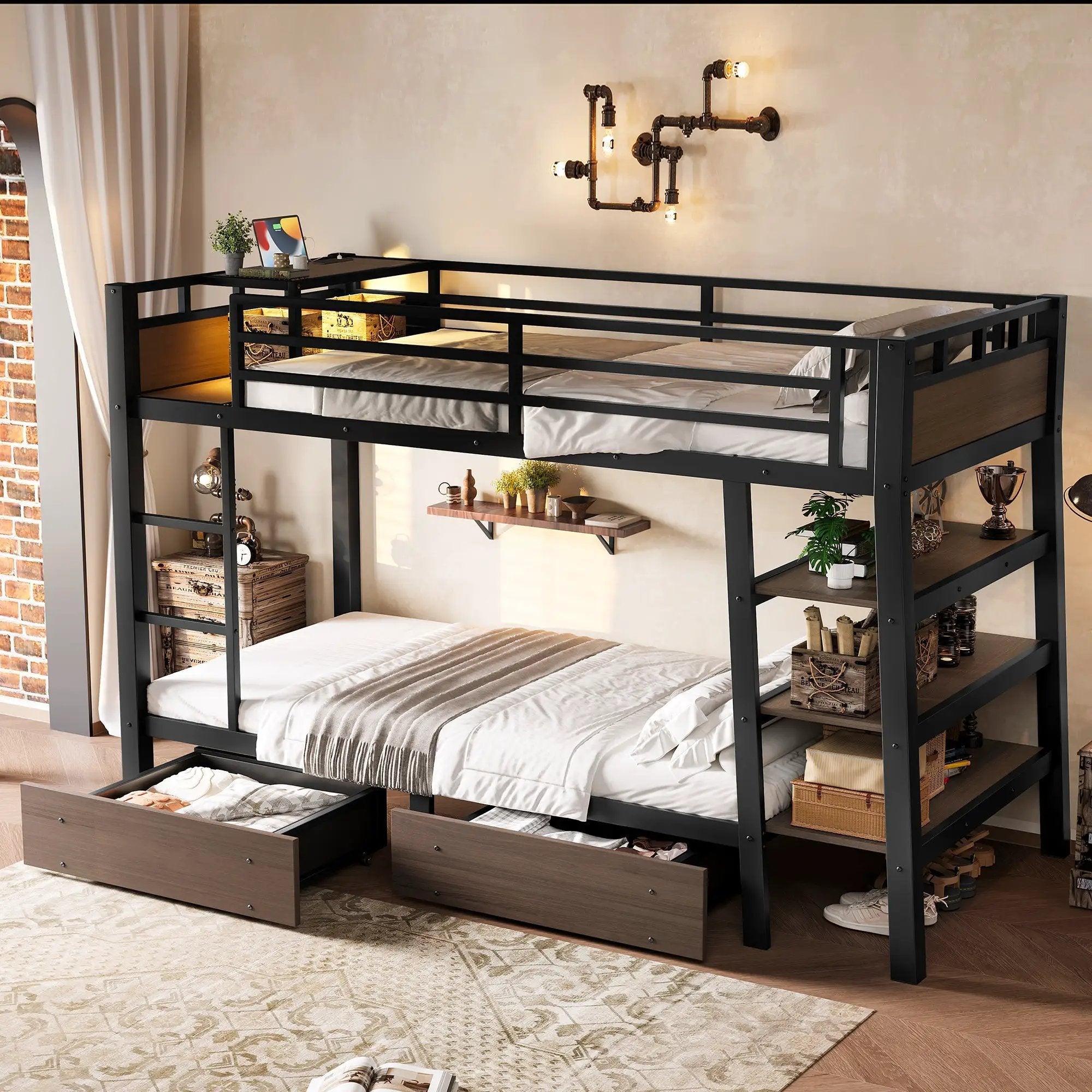 Twin Size Metal Bunk Bed with Storage Shelves, LED Light Strip, and USB Power Strip by HouseOfZazla