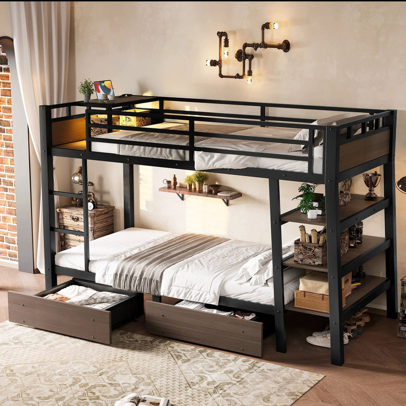 Twin Size Metal Bunk Bed with Storage Shelves, LED Light Strip, and USB Power Strip by HouseOfZazla