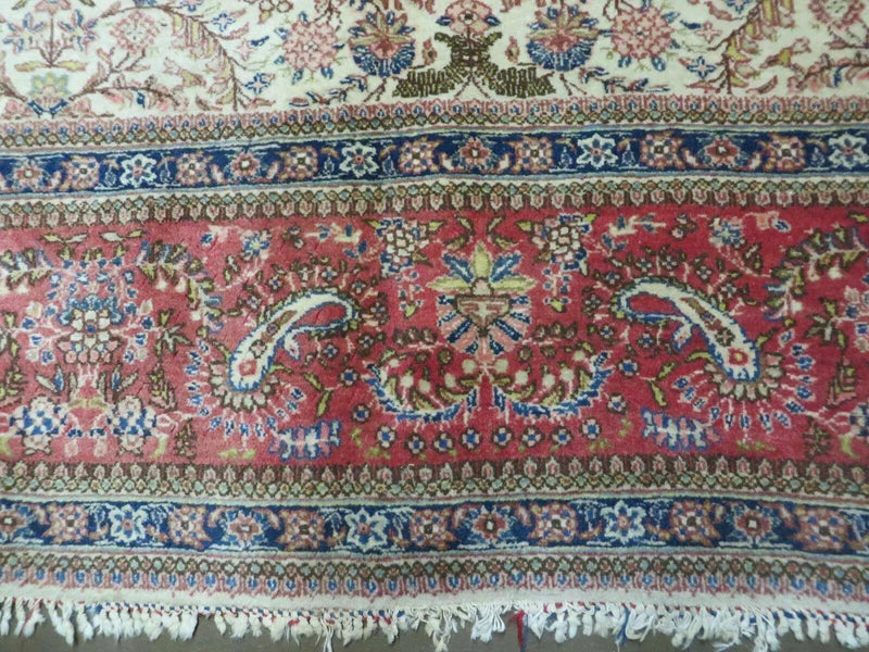 Persian Tabriz Rug 8x10, Bird Motifs Floral, Boteh Paisleys, Cream and Red, Handmade Wool Carpet by Jewel Rugs