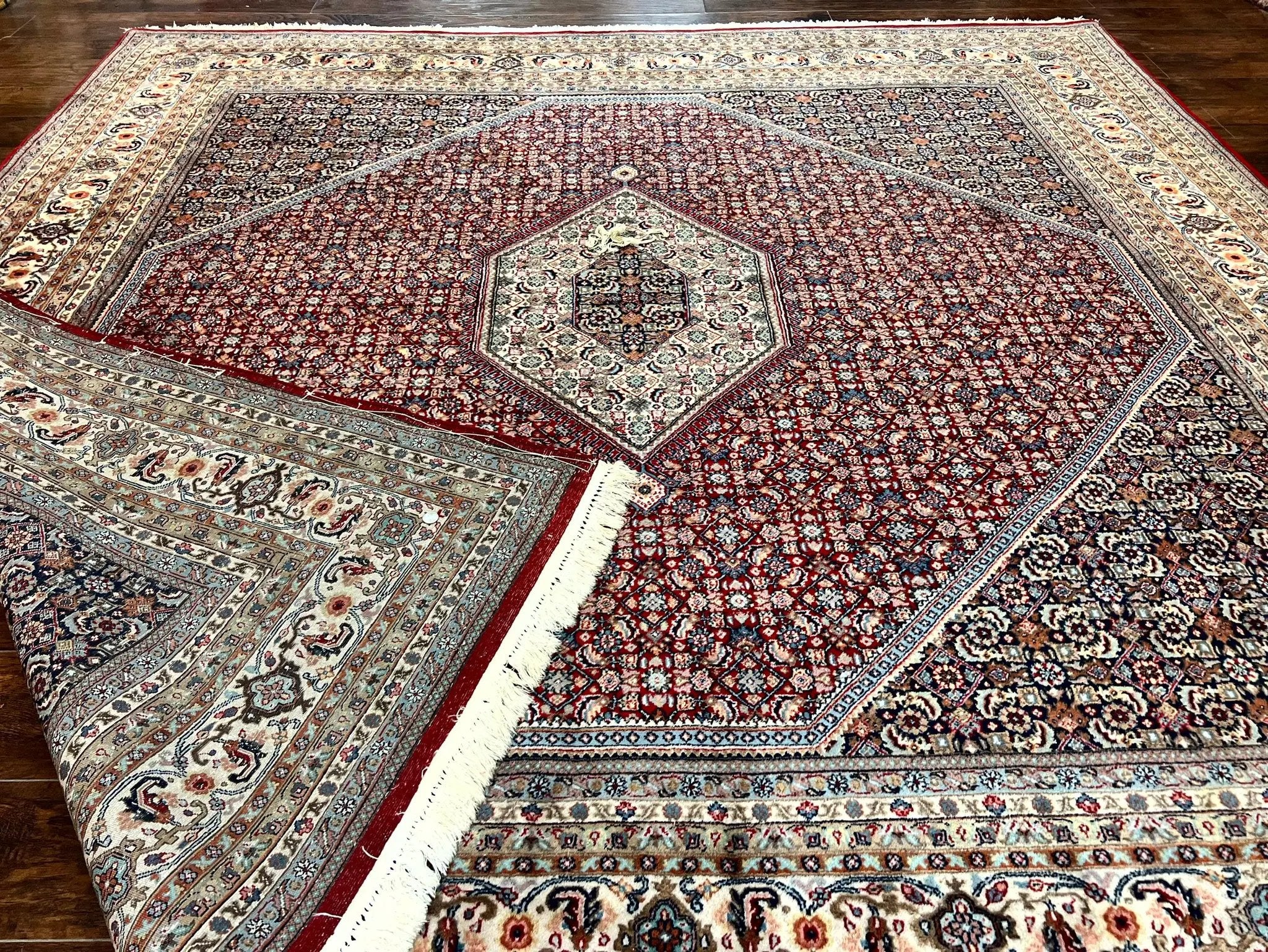 Square Indo Persian Bidjar Rug 10x10, Red, Handmade Vintage Wool Carpet by Jewel Rugs