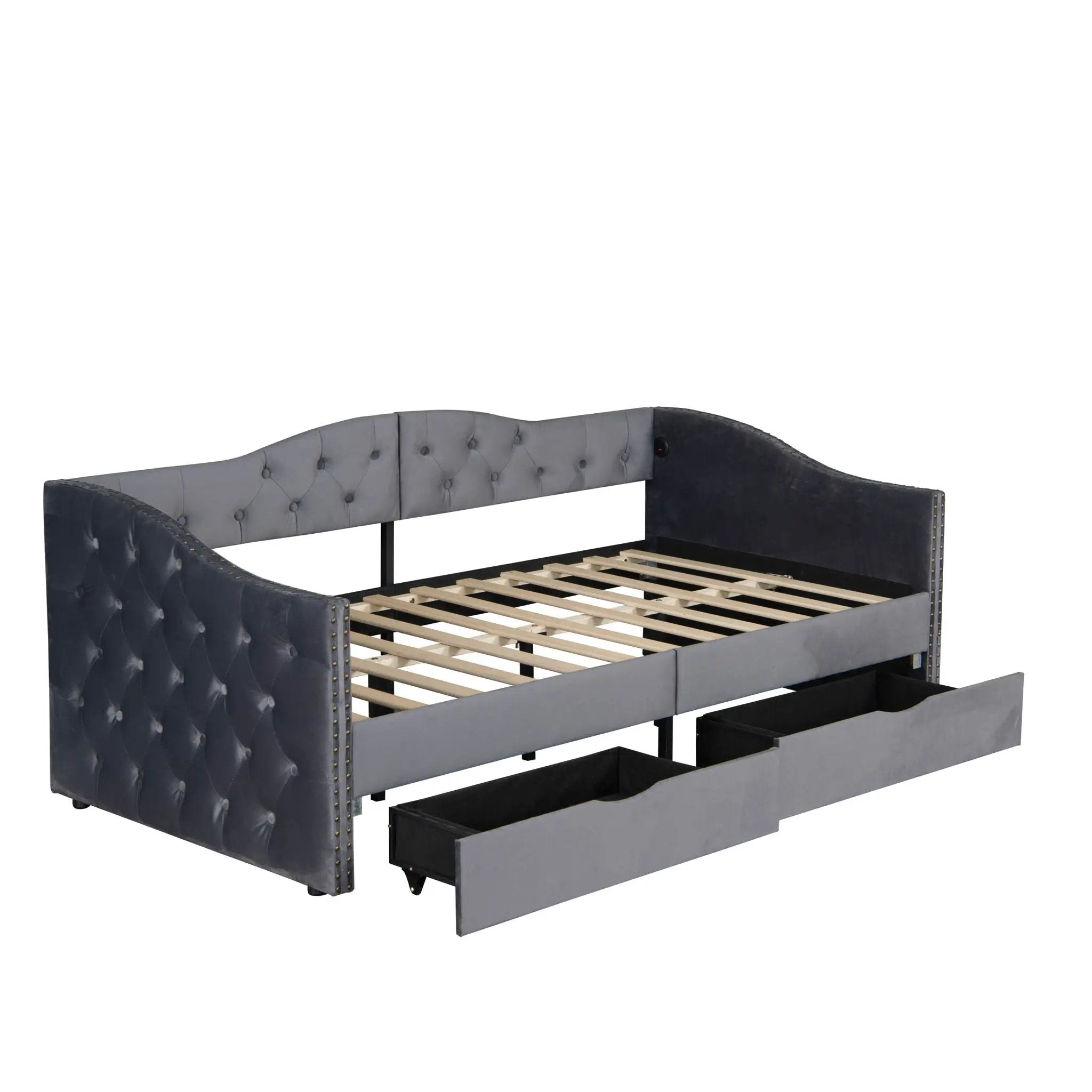 Full Size Bed Frame, Upholstered Cloud Bed Frame With Headboard, 2 Storage Drawers And 2 USB Charging Design, No Box Spring Needed - Gray by Unique Piece Furniture