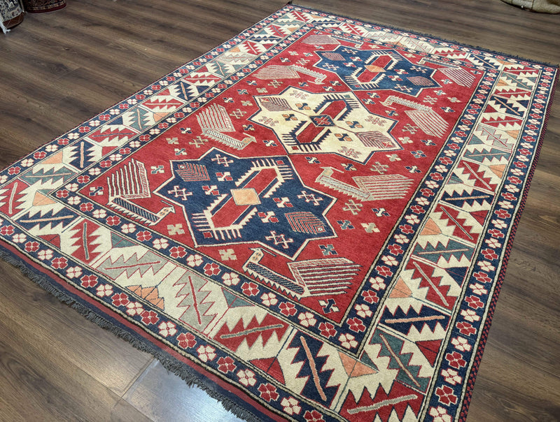 Turkish Kazak Rug 6x8, Caucasian Design, Geometric Medallions, Red Blue Beige by Jewel Rugs