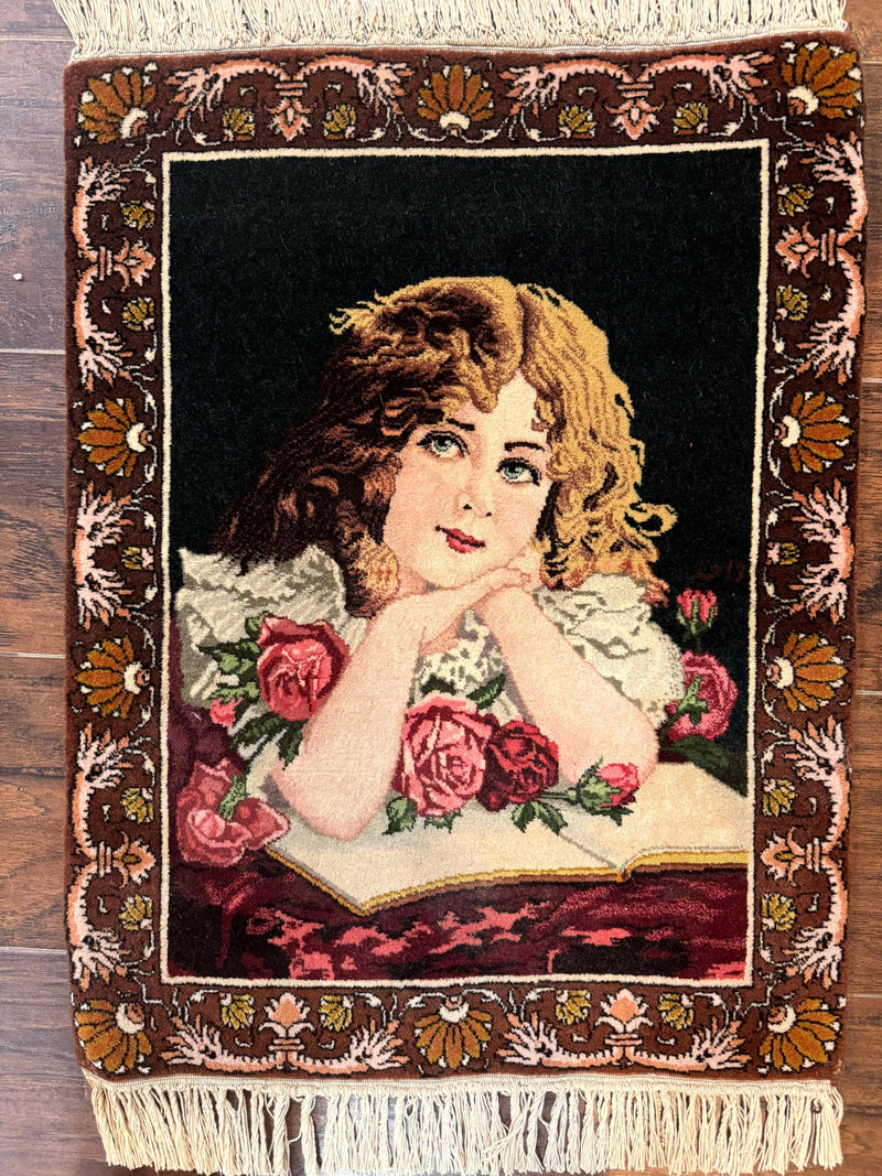Small Persian Tabriz Pictorial Rug of Young Girl, Very Fine 380 KPSI, Portrait of Young Lady with Roses, Handmade, Persian Rug for Wall Hanging by Jewel Rugs