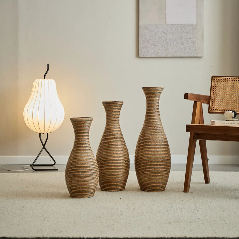 3 Piece Artificial Rattan Floor Vase Set Decorative Accent For Living Room, Hallway & Entryway, Ideal For Dried Or Silk Flower Arrangements - Beige by HouseOfZazla