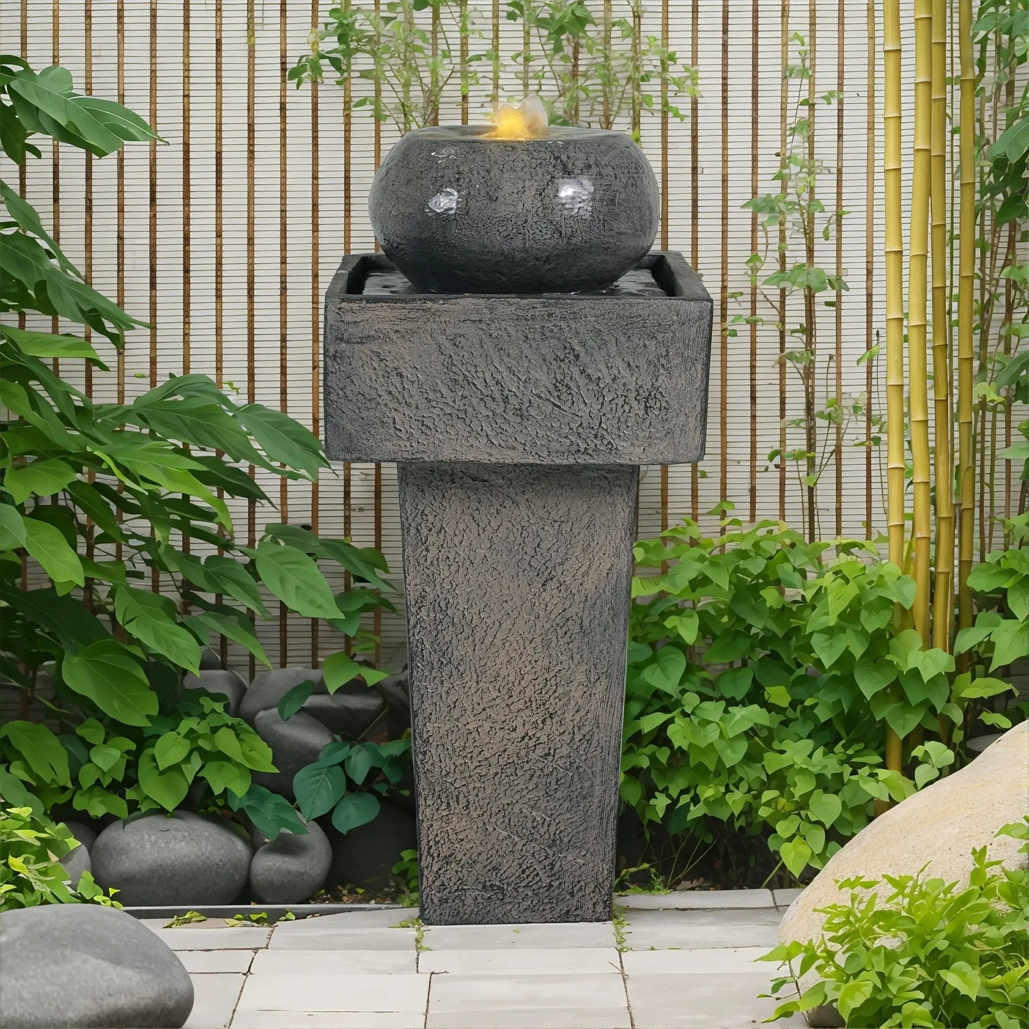 Minimalist Column Fountain With LED Lighting, Outdoor Decor For Patio, Porch And Garden - Gray by HouseOfZazla