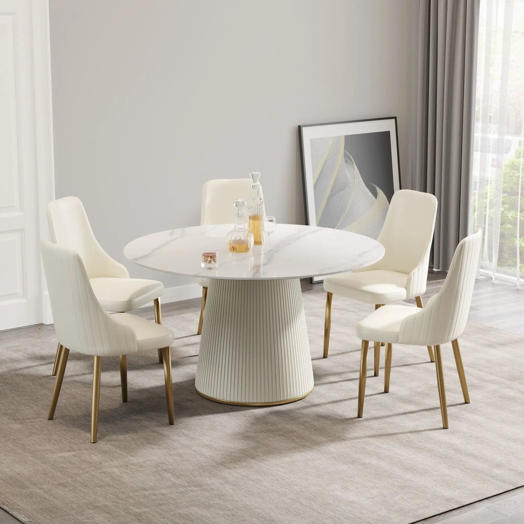 Modern Artificial Stone Round Plywood Base Dining Table, Can Accommodate 6 People, (Not Including Chairs) - White / Beige by HouseOfZazla