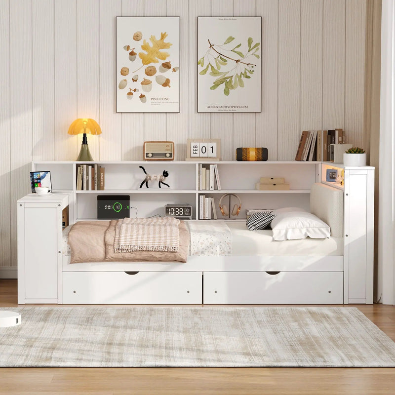 Platform Bed With Storage Shelves, Drawers, Charging Station, LED, Desk by Unique Piece Furniture