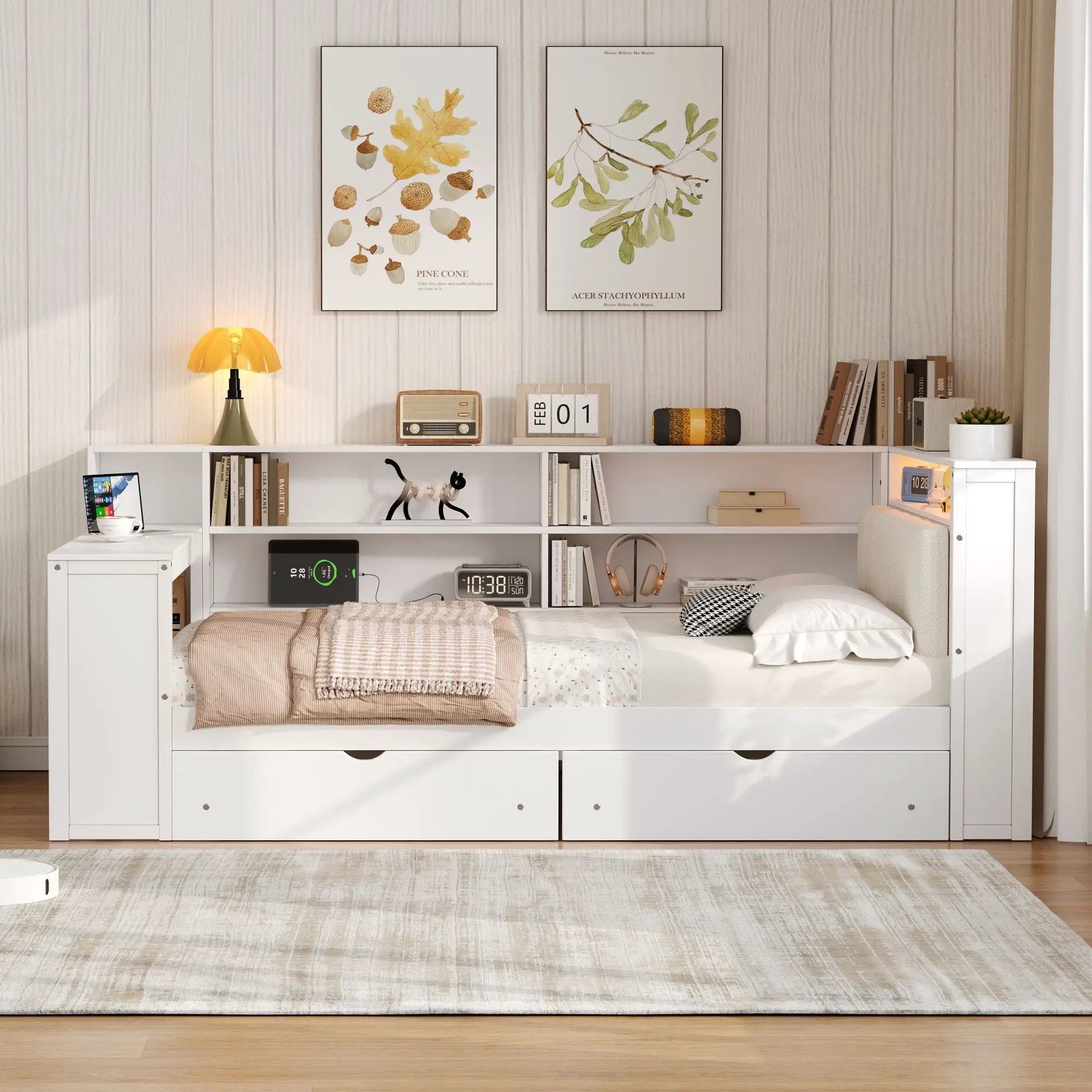 Platform Bed With Storage Shelves, Drawers, Charging Station, LED, Desk