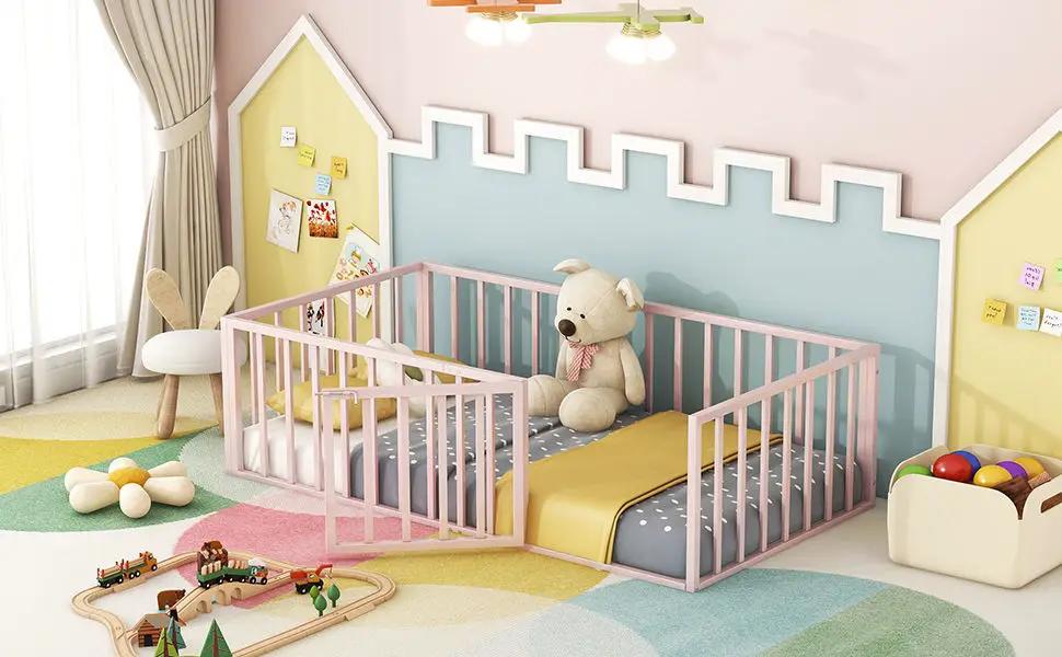 Metal Floor Bed Frame With Fence And Door by HouseOfZazla