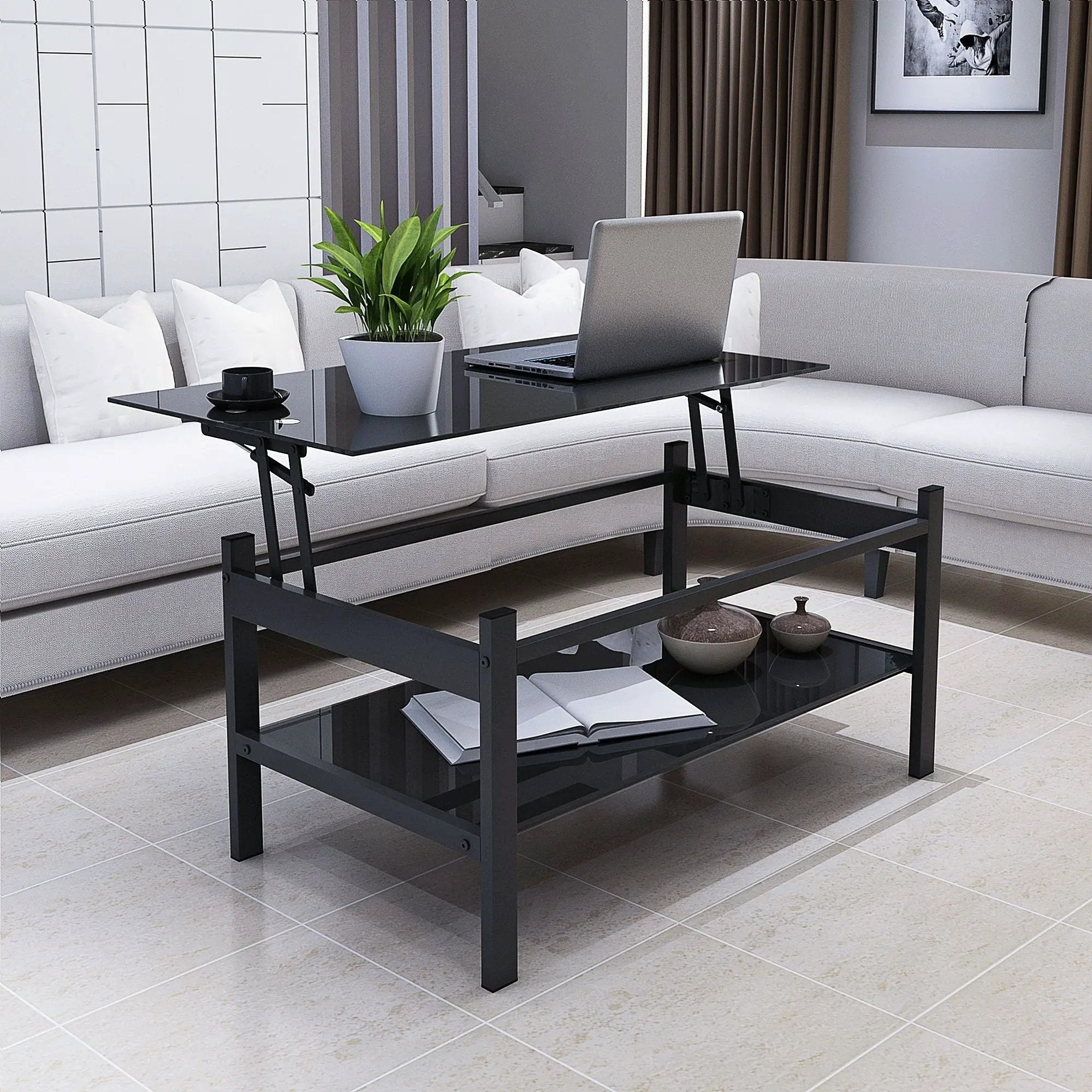 Glass Lift Top Coffee Table, Modern Simple 2-Layer Tempered Glass Coffee Table For Living Room - Black by HouseOfZazla