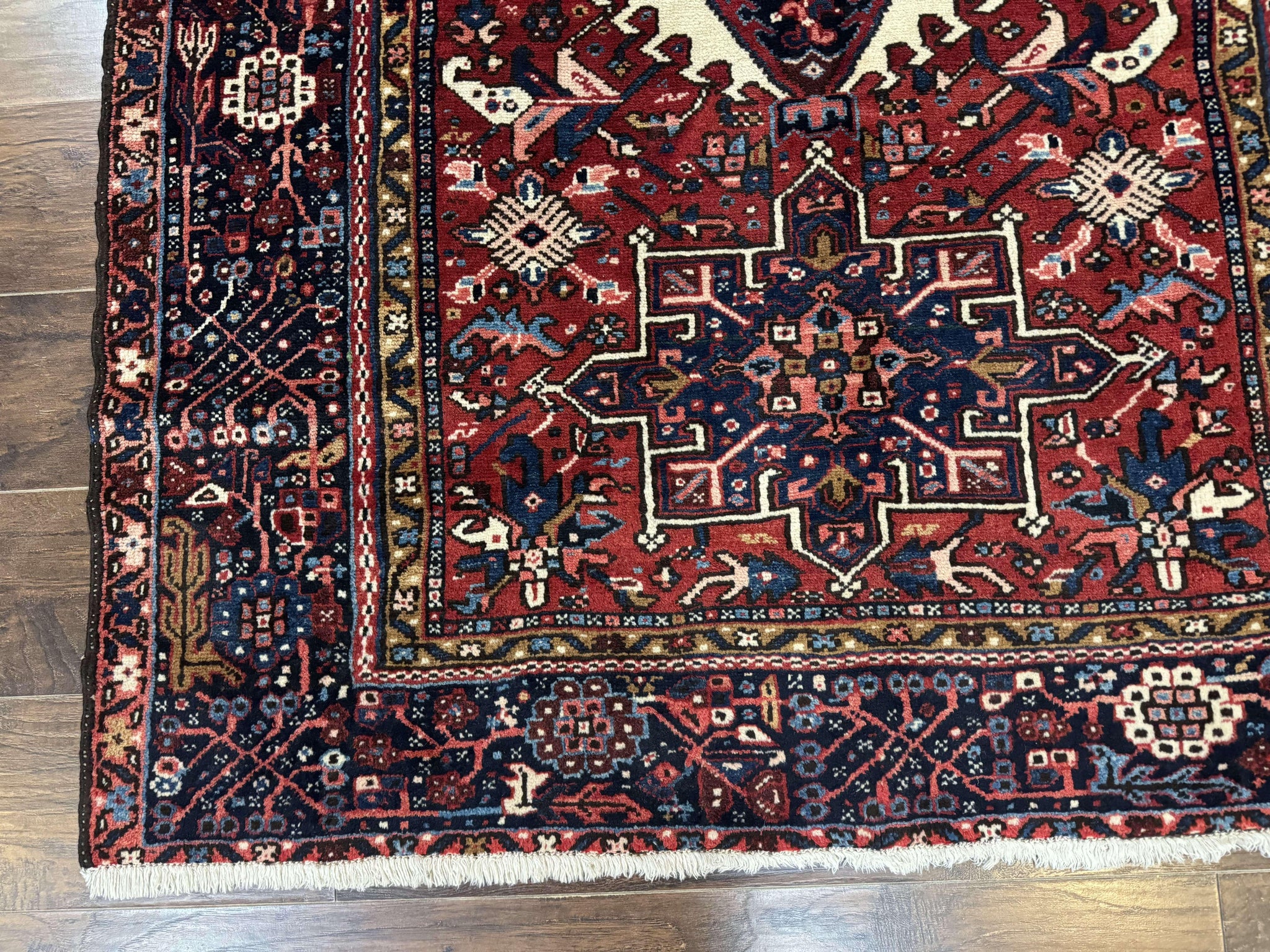 Persian Karajeh Rug 5x6, Antique Heriz Carpet, Geometric, Persian Tribal Rug, Brick Red Navy Blue by Jewel Rugs