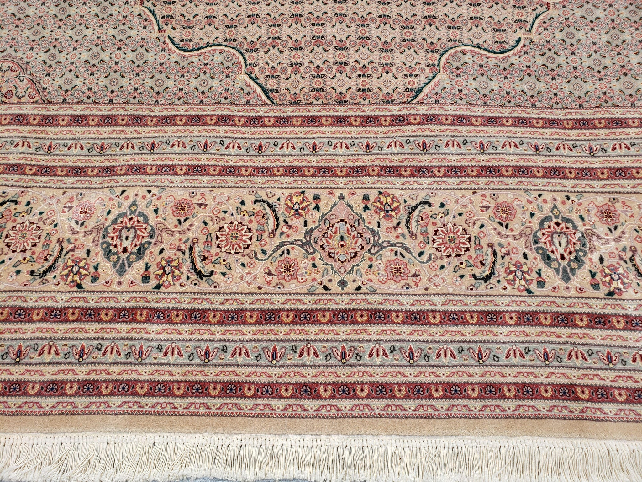 Stunning Oversized Pak Persian Oriental Rug 12x15, Hand Knotted Wool & Silk Palace Sized Carpet, Mahi Pattern, Very Fine, Peach Beige, Wow by Jewel Rugs