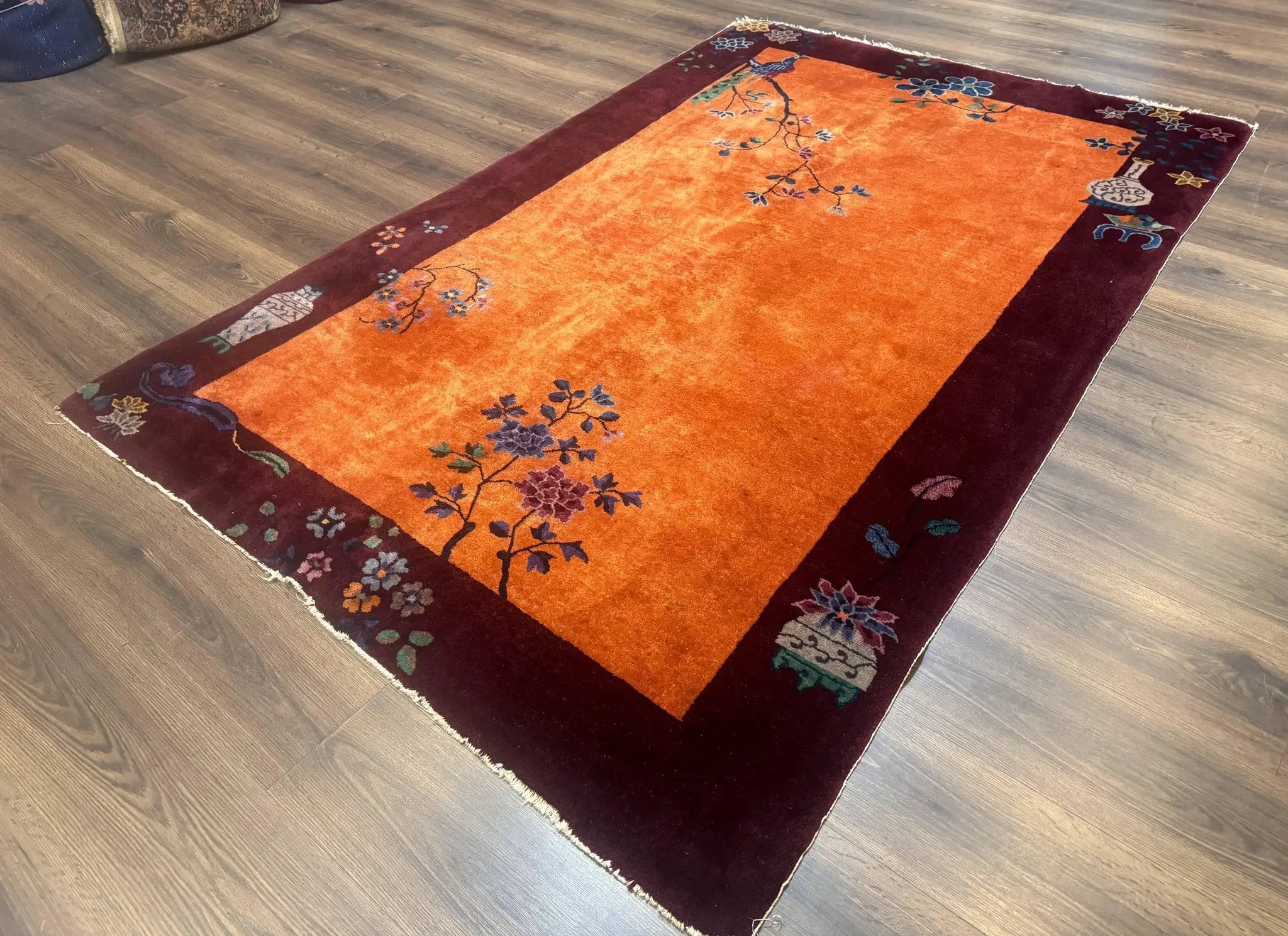Chinese Art Deco Rug 5x8, Antique Chinese Wool Rug, Nichols Rug, Rare Chinese Carpet, Orange and Purple-Maroon by Jewel Rugs