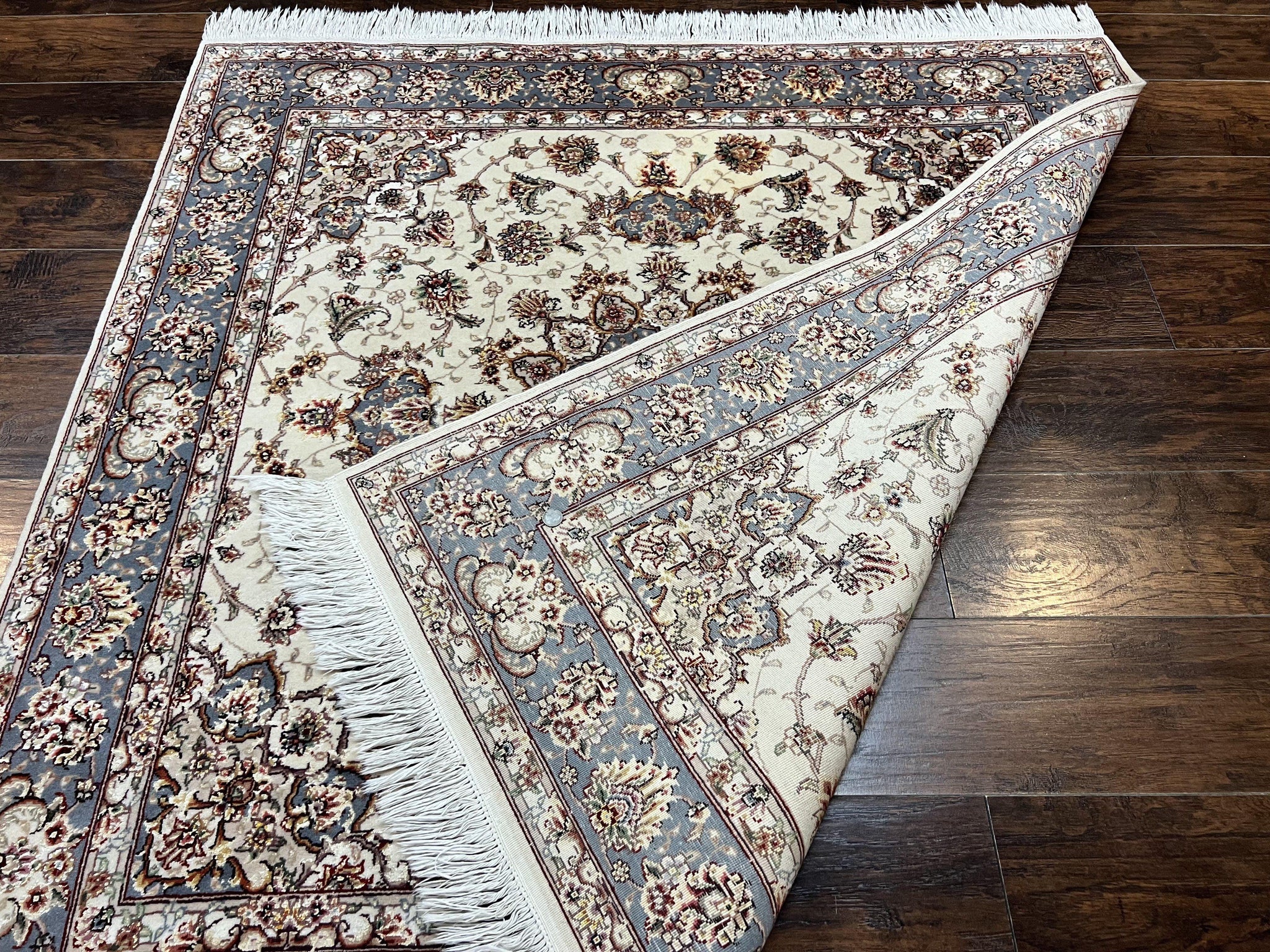Sino Persian Square Rug 5x5, Very Fine Oriental Carpet, Wool & Silk Highlights, Ivory, Hand Knotted Handmade Vintage Traditional Rug by Jewel Rugs
