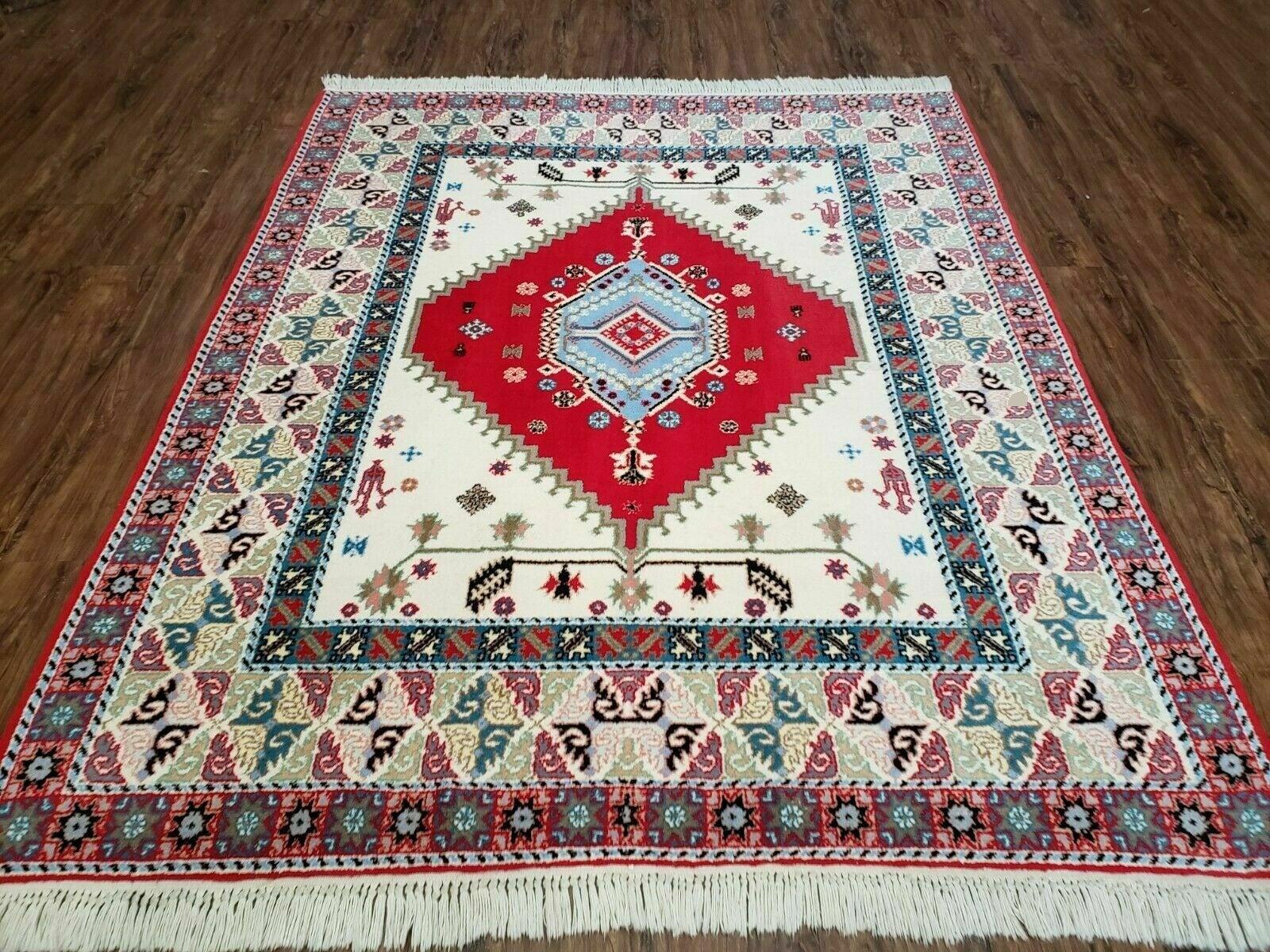 Vintage Moroccan Carpet 5x7 Area Rug, Berber Rug, Handmade Soft Wool Rug, Red Ivory and Blue, Geometric Medallion Rug, Bohemian Rug, Nice by Jewel Rugs