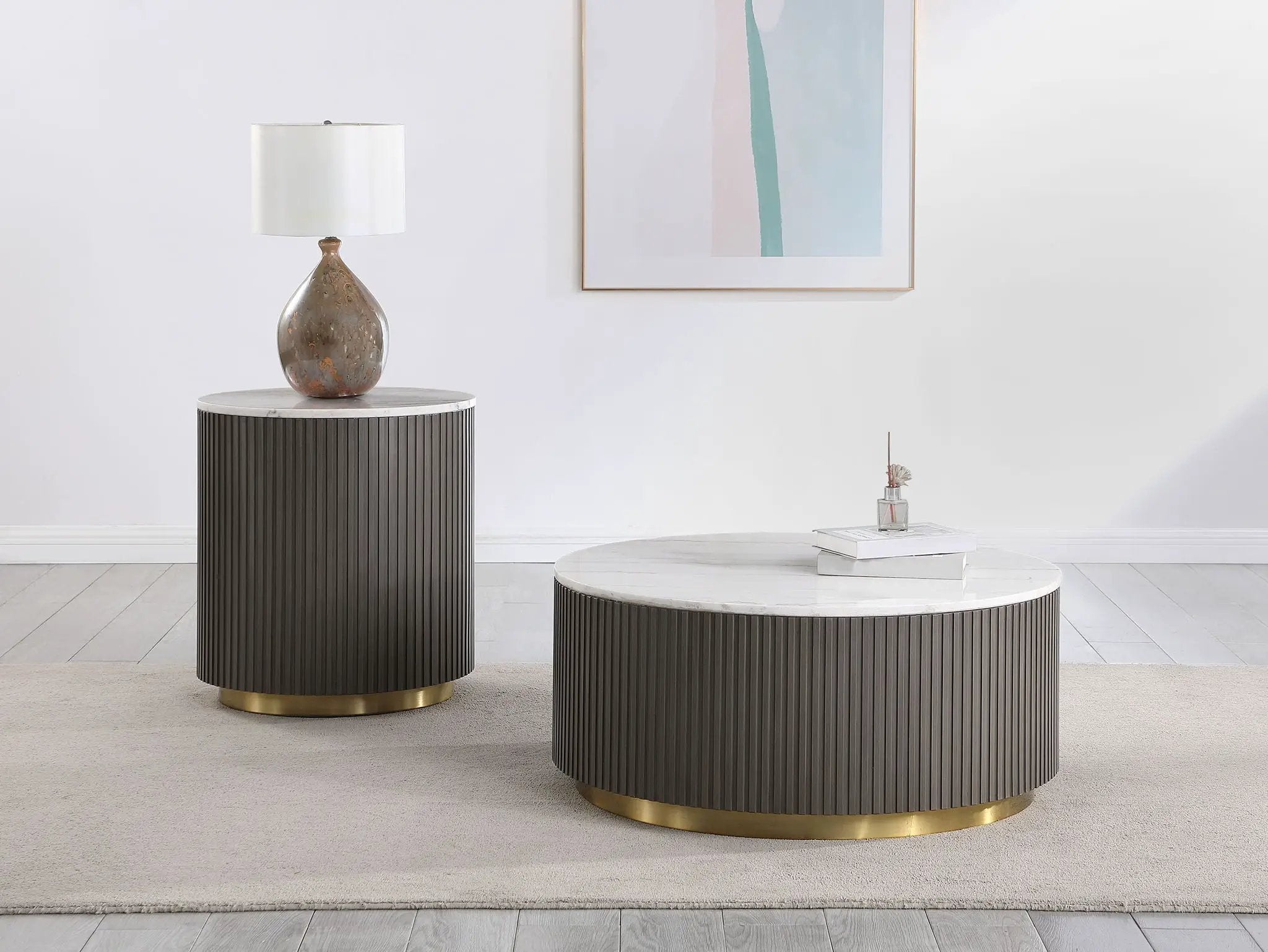 Jason Round White Marble Top Side End Table Charcoal by Unique Piece Furniture