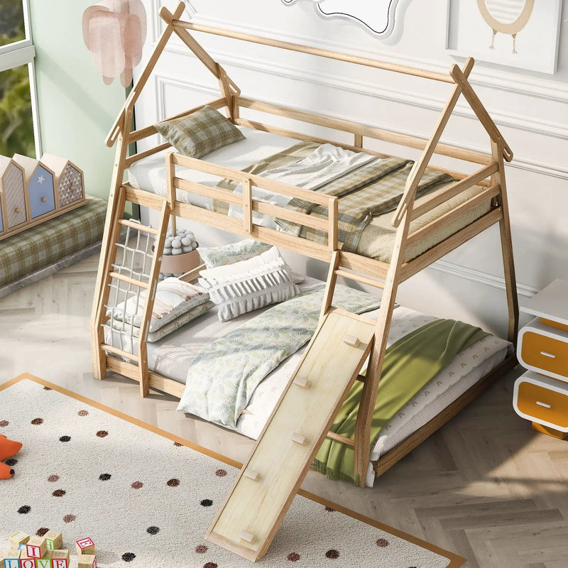 Twin Over Queen House Bunk Bed With Climbing Nets And Climbing Ramp by Unique Piece Furniture