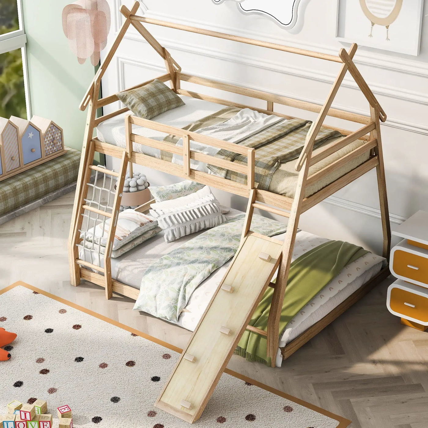 Georgiana - Twin Over Queen House Bunk Bed With Climbing Nets And Climbing Ramp by Unique Piece Furniture