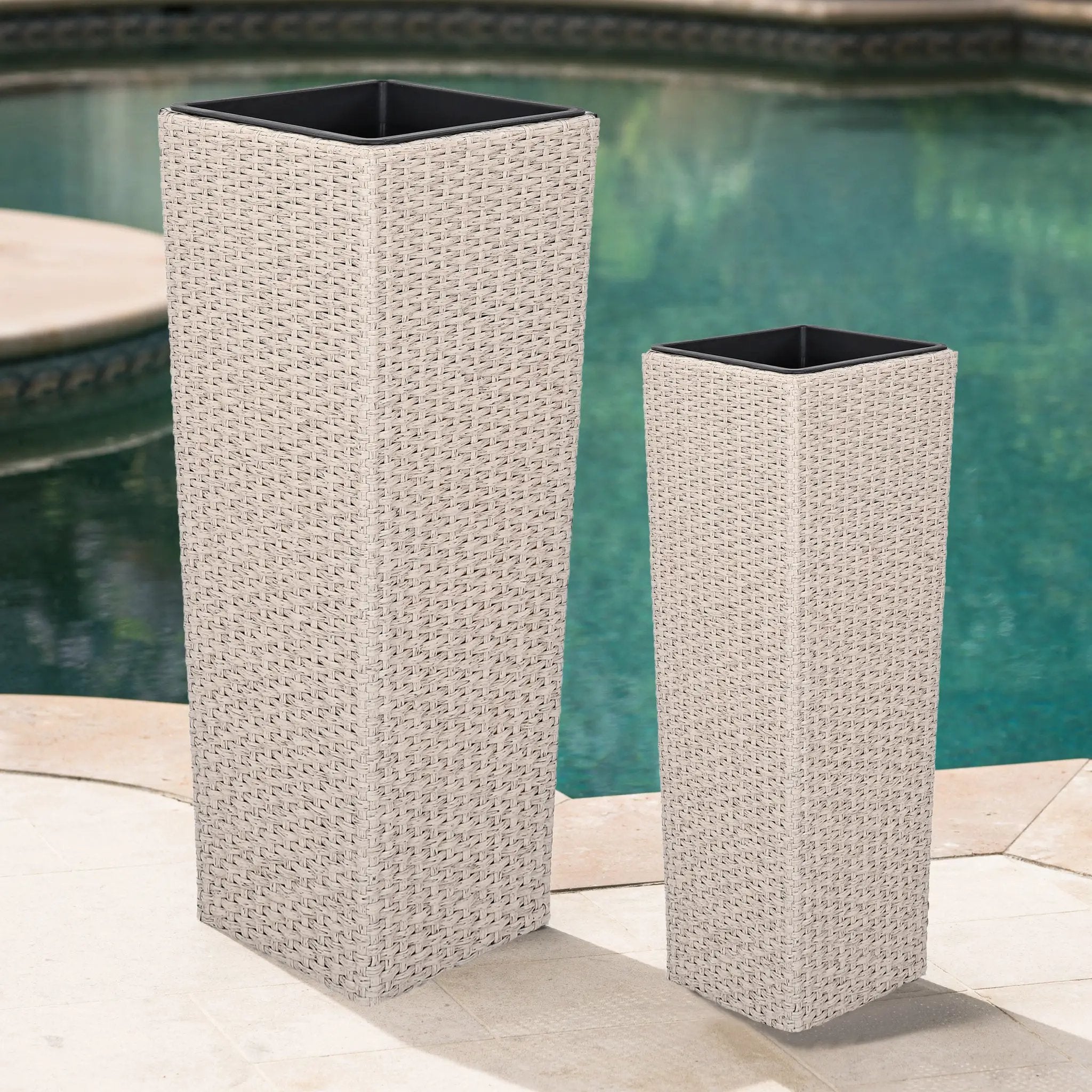 Outdoor PE Wicker Flower Pots, 2-Pcs Set, Beige by HouseOfZazla