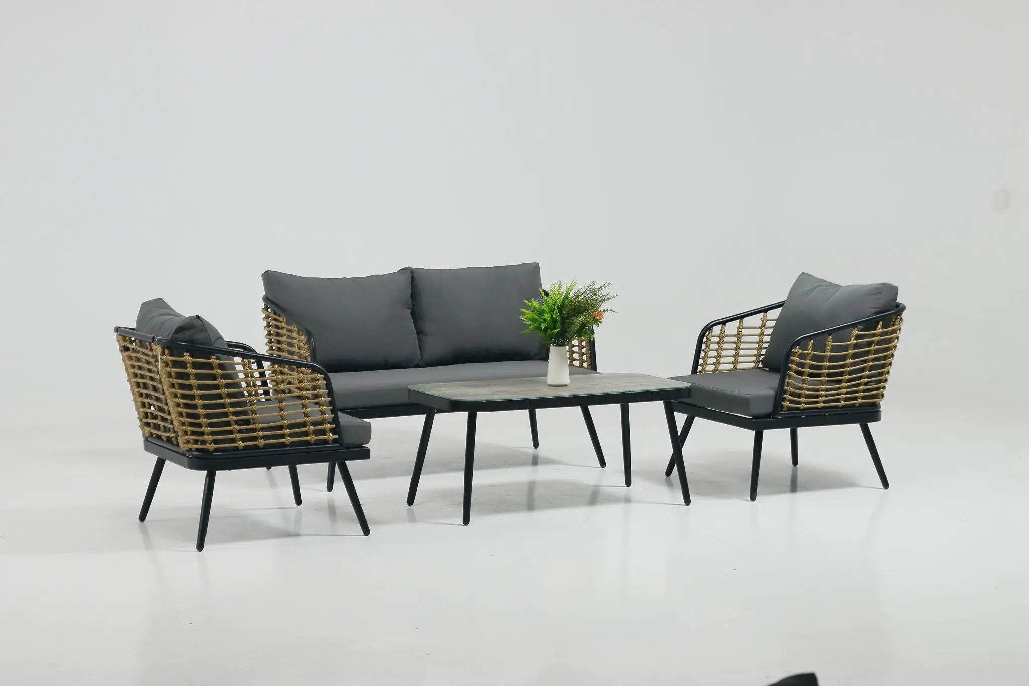 4 Pieces Patio Furniture Set, PE Rattan Wicker With Washable Cushion And Tempered Glass Tabletop, Conversation Furniture For Garden Poolside Balcony by HouseOfZazla