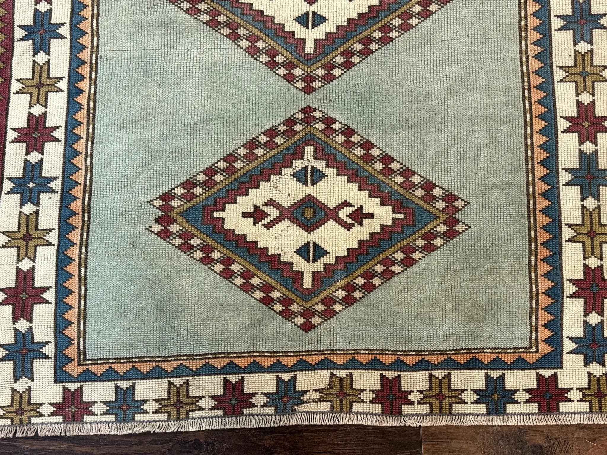Turkish Kazak Rug 4x6, Geometric Medallion, Caucasian Design Rug, Semi Antique Vintage, Mint Green Maroon Ivory by Jewel Rugs