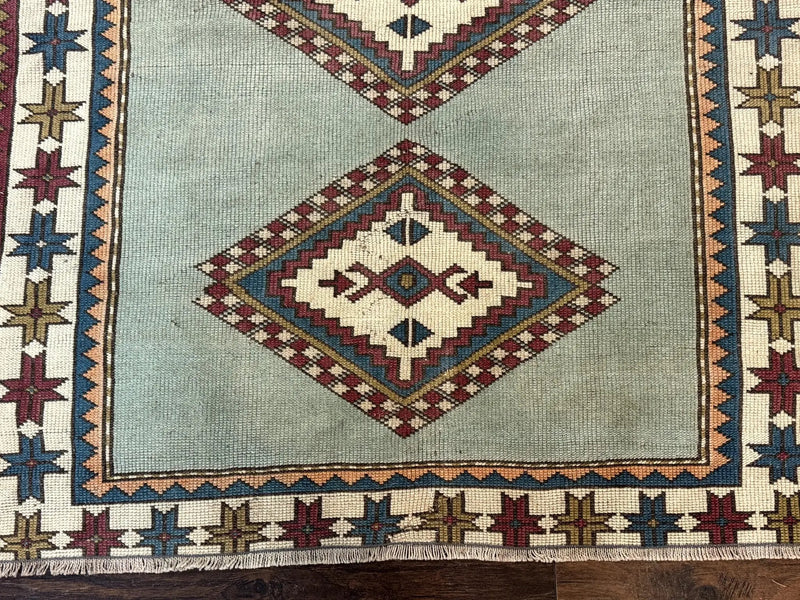 Turkish Kazak Rug 4x6, Geometric Medallion, Caucasian Design Rug, Semi Antique Vintage, Mint Green Maroon Ivory by Jewel Rugs