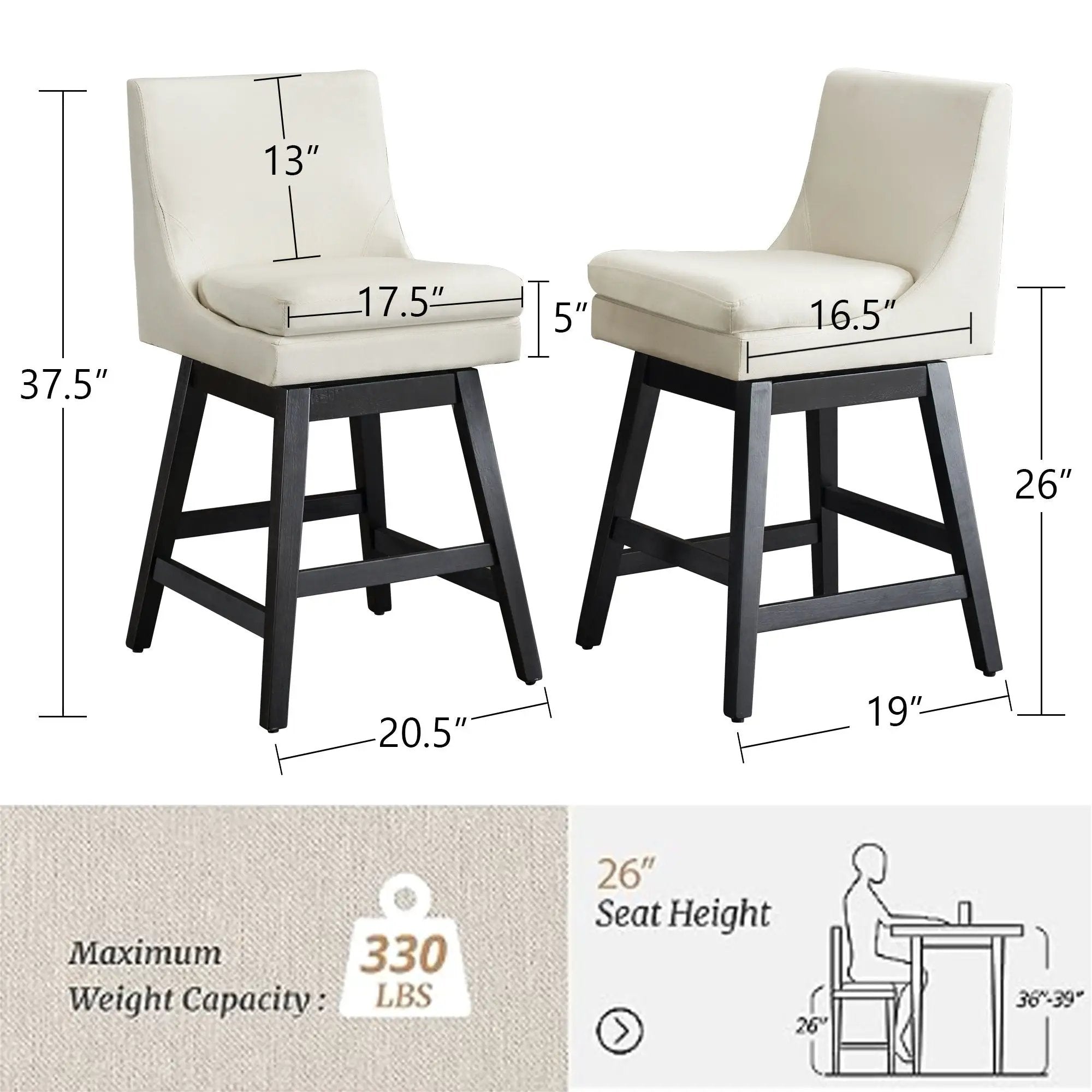 Upholstered Swivel Bar Stools With Ergonomic Design (Set of 2) - Cream White by HouseOfZazla