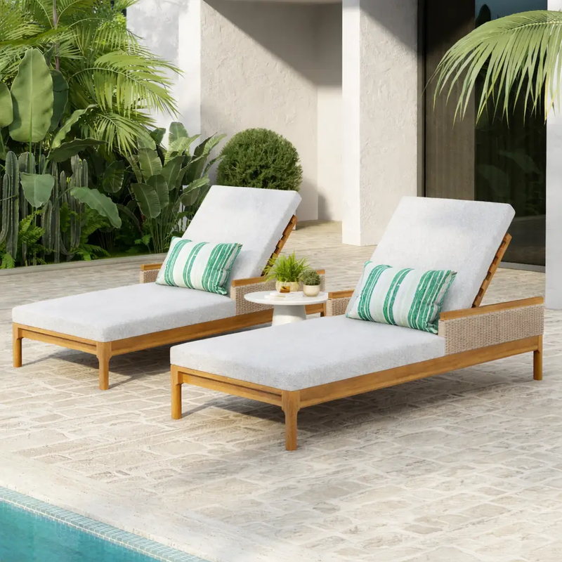 76.8" Solid Acacia Wood Sun Lounger Set of 2 with Grey Cushions by HouseOfZazla