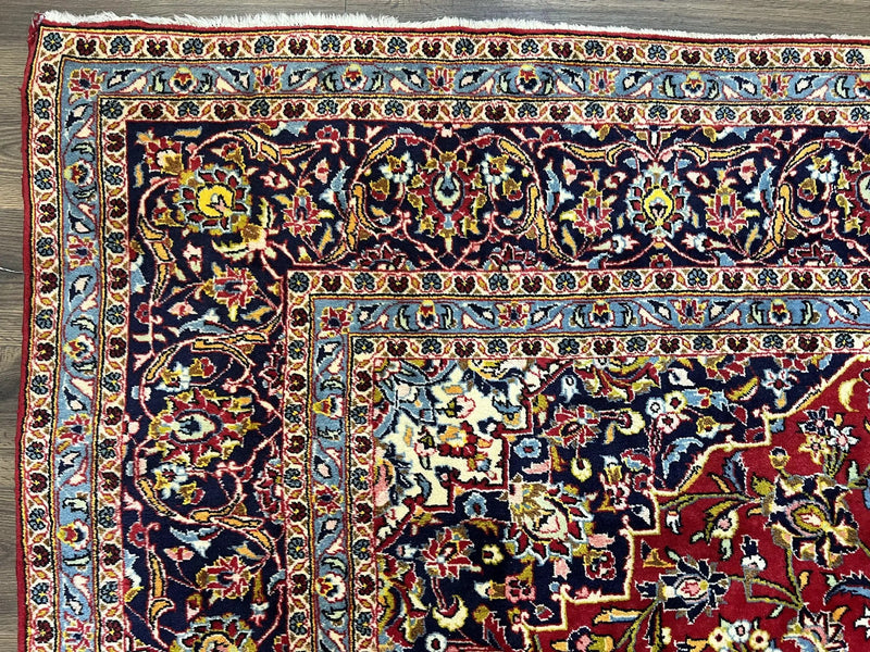 Persian Kashan Rug 9x12, Red Navy Blue, Allover Floral Medallion & Corner Design, Handmade Wool Oriental Carpet, Semi Antique Traditional Carpet by Jewel Rugs