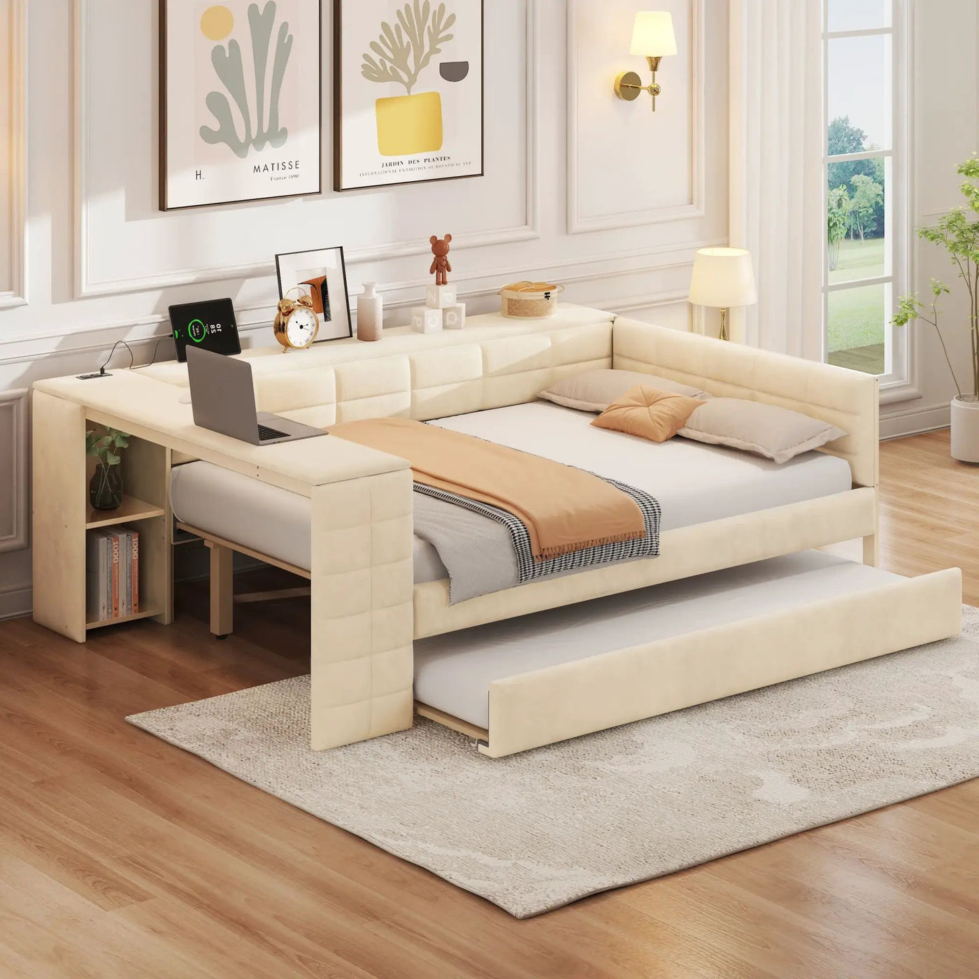 Upholstered Platform Bed With Storage Shelves, Desk, Charging Station And Trundle by Unique Piece Furniture