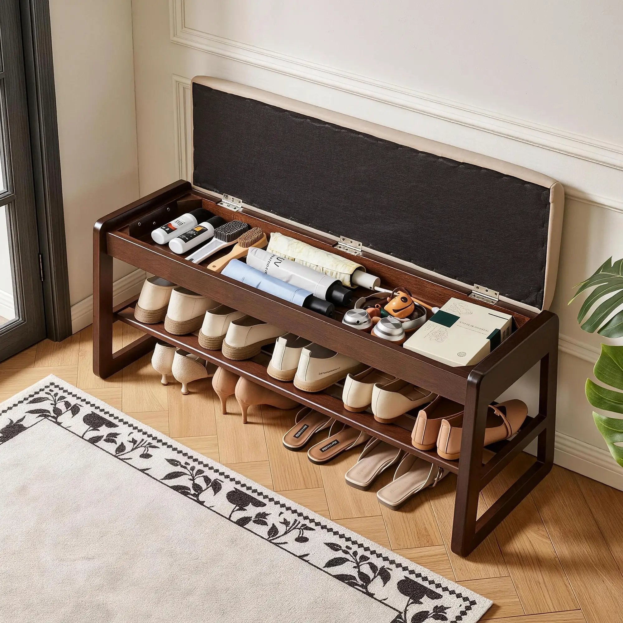 Wood Shoe Storage Bench with Premium Vegan Leather Seat by HouseOfZazla