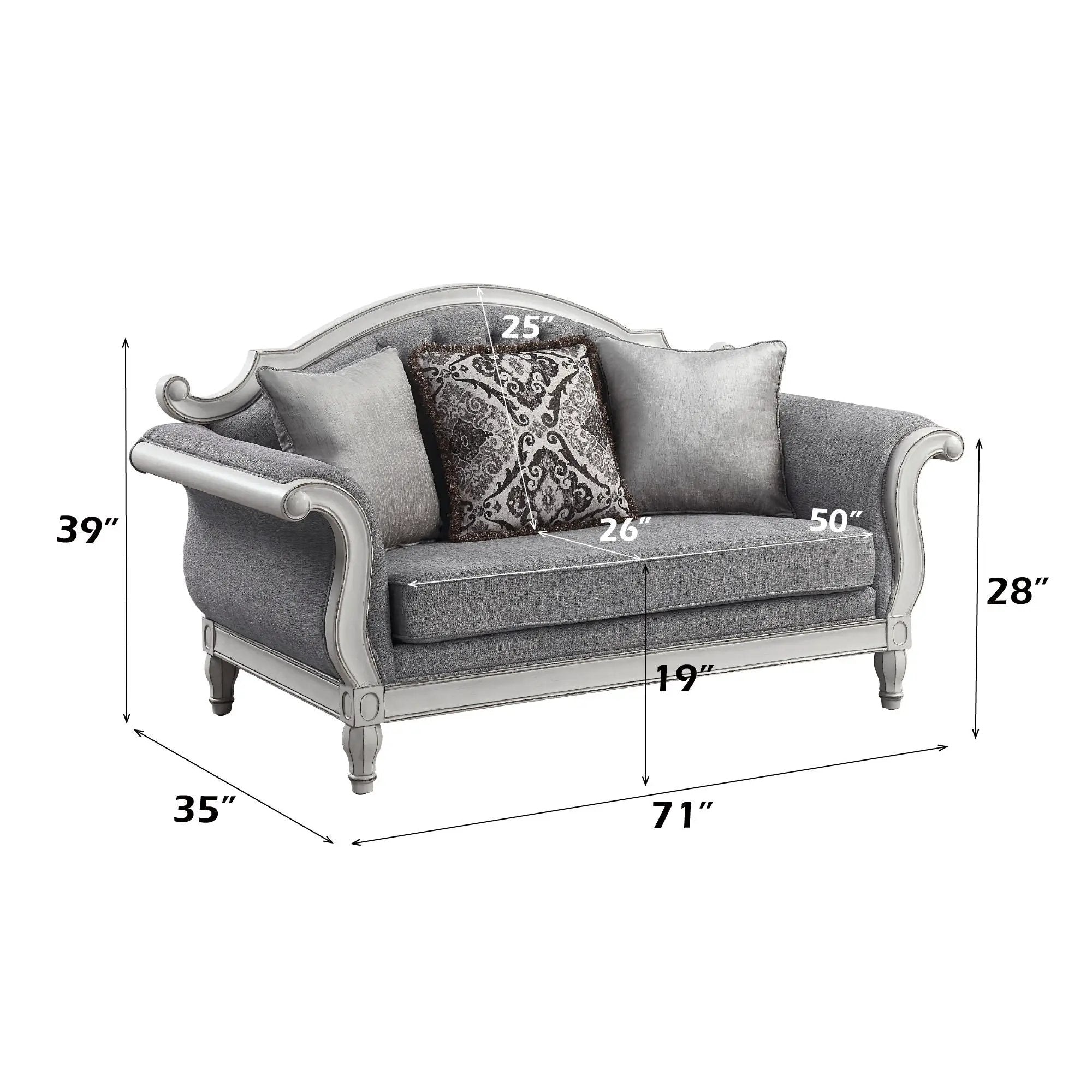 Florian - Loveseat With 3 Pillows - Gray Fabric & Antique White by Unique Piece Furniture