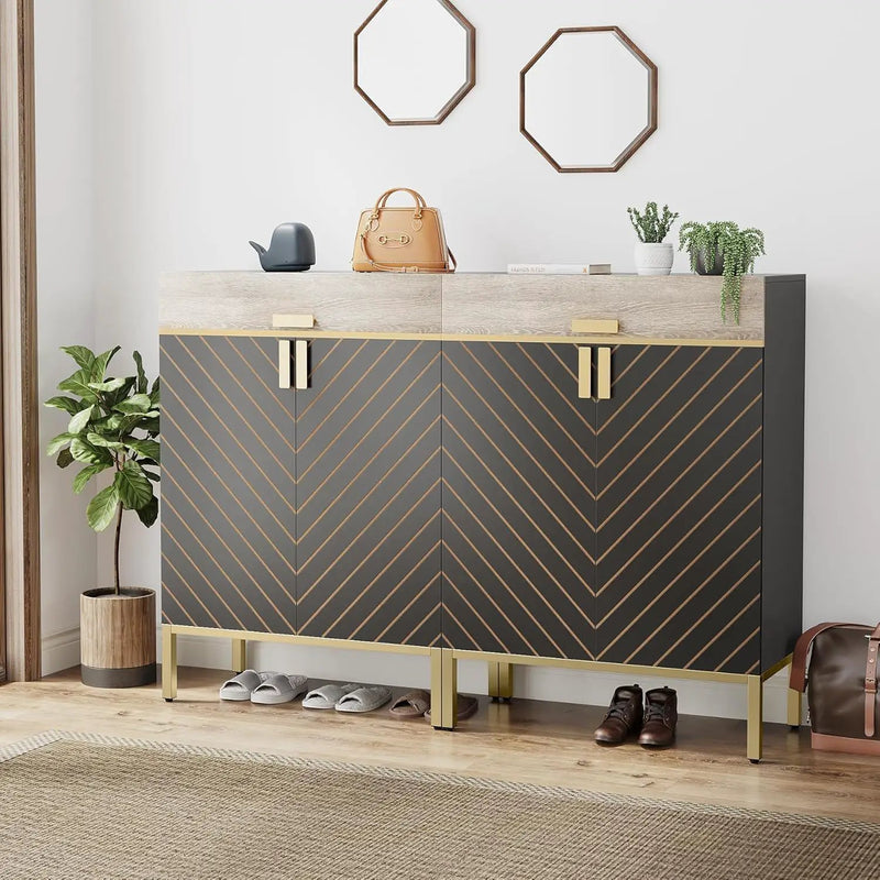 4 Tier Entryway Shoe Cabinet With Doors - Gray / Gold by HouseOfZazla