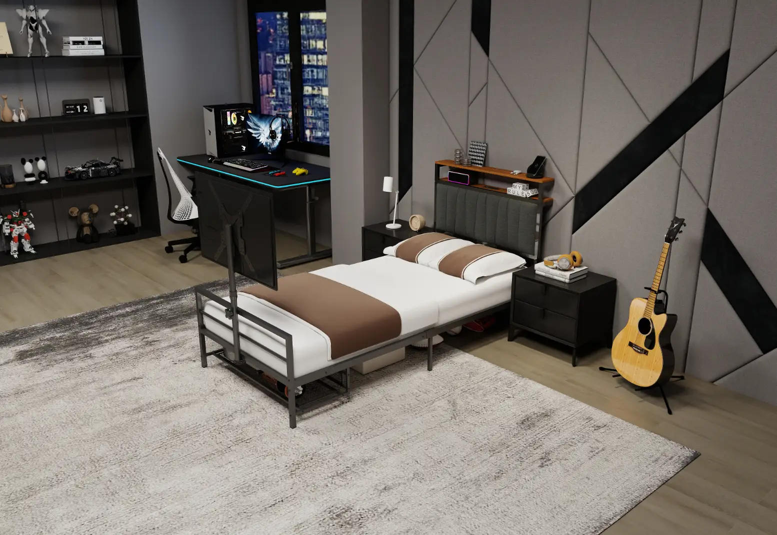 Twin Size Gaming Bed with Rotating TV Mount and LED Lighting by HouseOfZazla