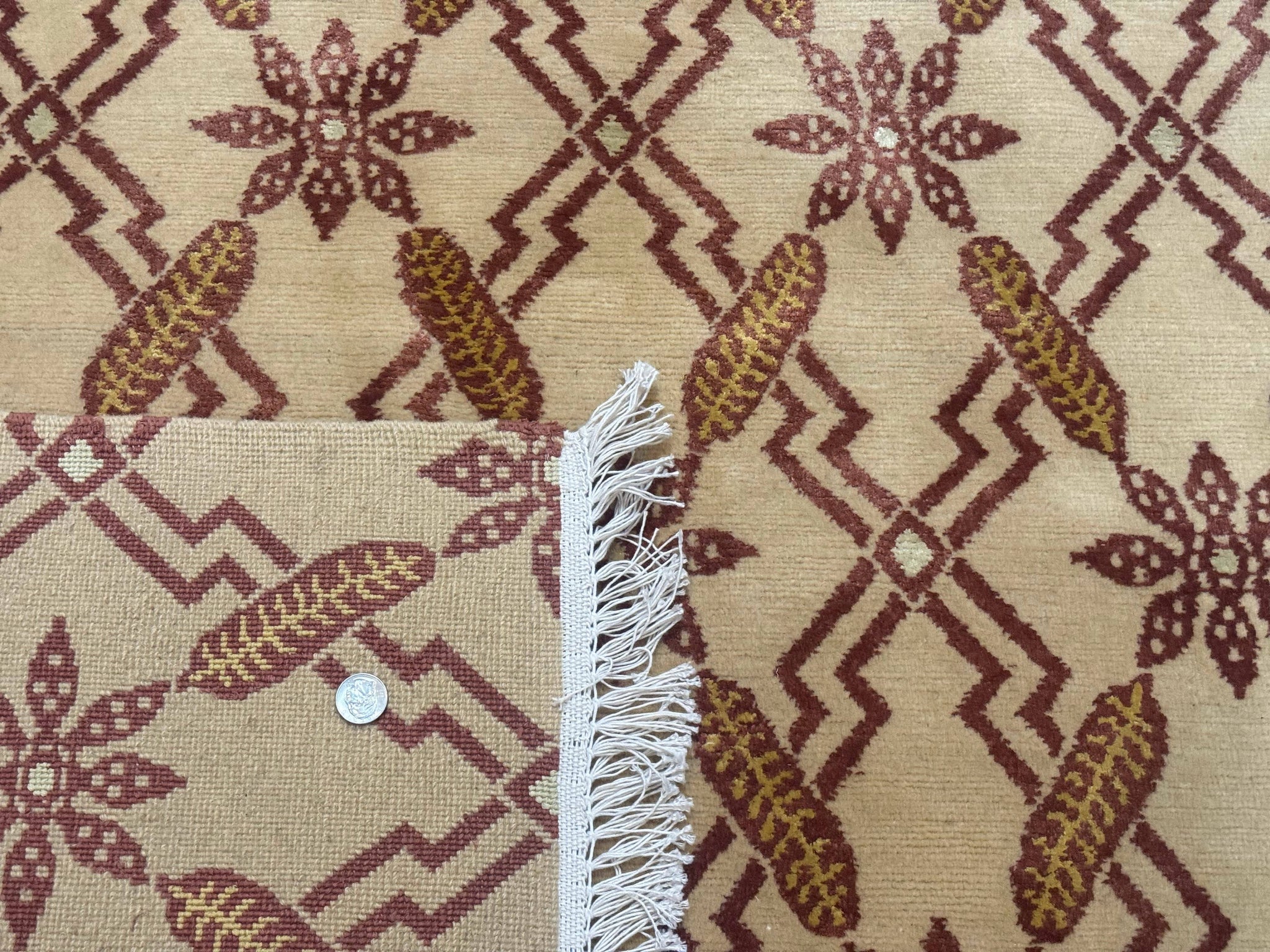 Tibetan Rug 8x10, Wool with Silk Highlights, Beige and Maroon, Contemporary Carpet by Jewel Rugs