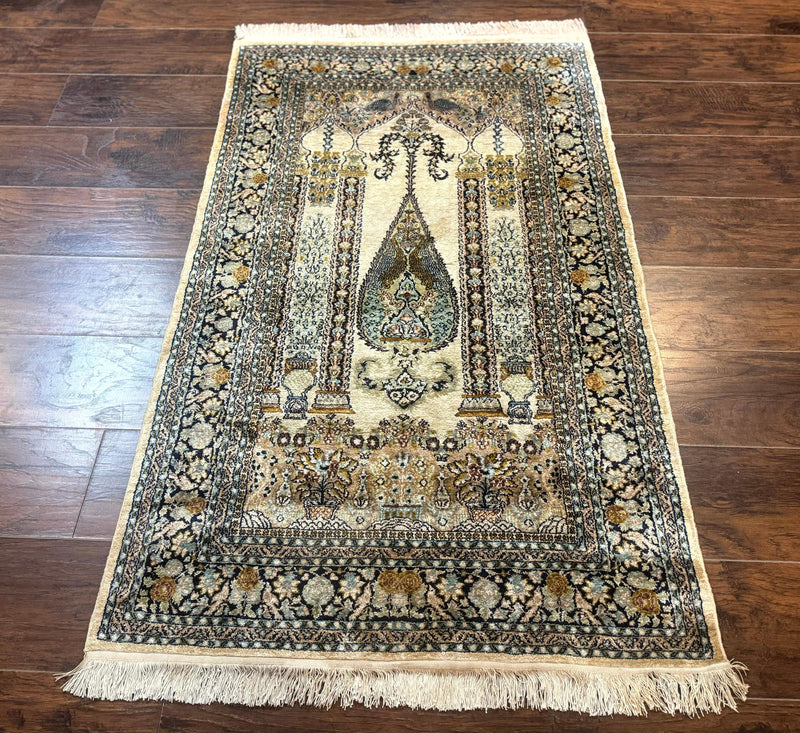 Silk Indian Kashmiri Rug 3x4, Very Fine 400 KPSI, Silk Prayer Rug, Handmade by Jewel Rugs